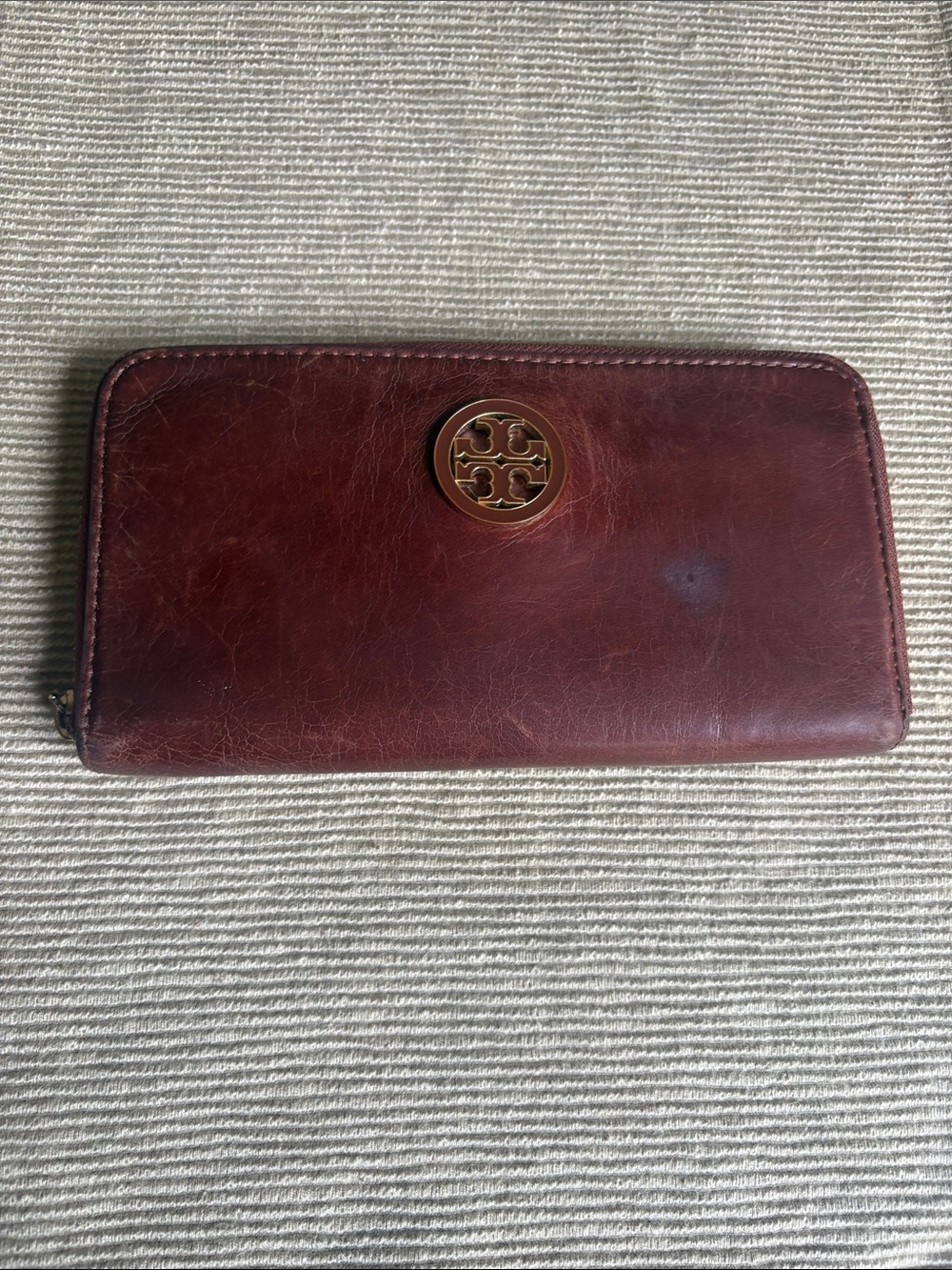 Tory Burch Brown Leather Zip Wallet with Gold Logo